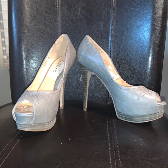 6in Gray Leather Stiletto Platforms With Lace-up Detail on back - Picture 1 of 7